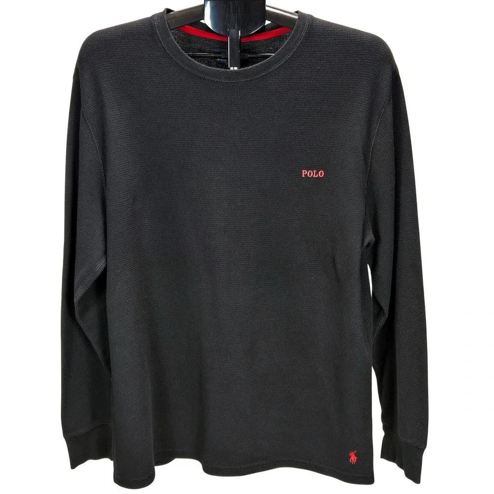 Men's Polo Ralph Lauren XL Black Waffle Knit Thermal Long Sleeve Shirt Preppy